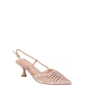 Ameise Eliza Satin & Crystals Sling Back Mid  Heels