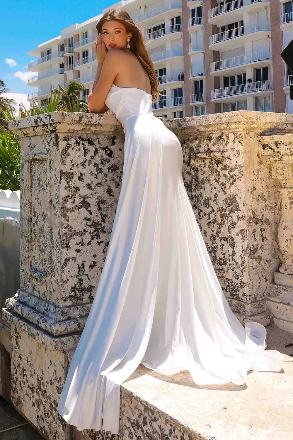 Amelia Couture 3013 Floor Length Strapless Pointed Bust Fitted Slit Gown
