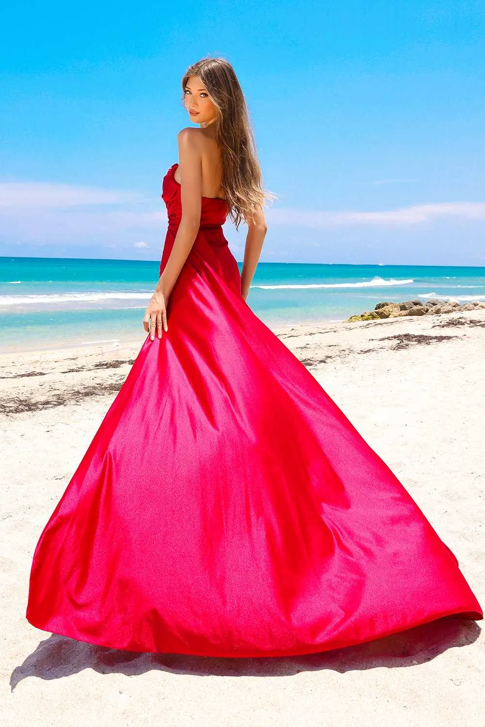 Amelia Couture 3013 Floor Length Strapless Pointed Bust Fitted Slit Gown