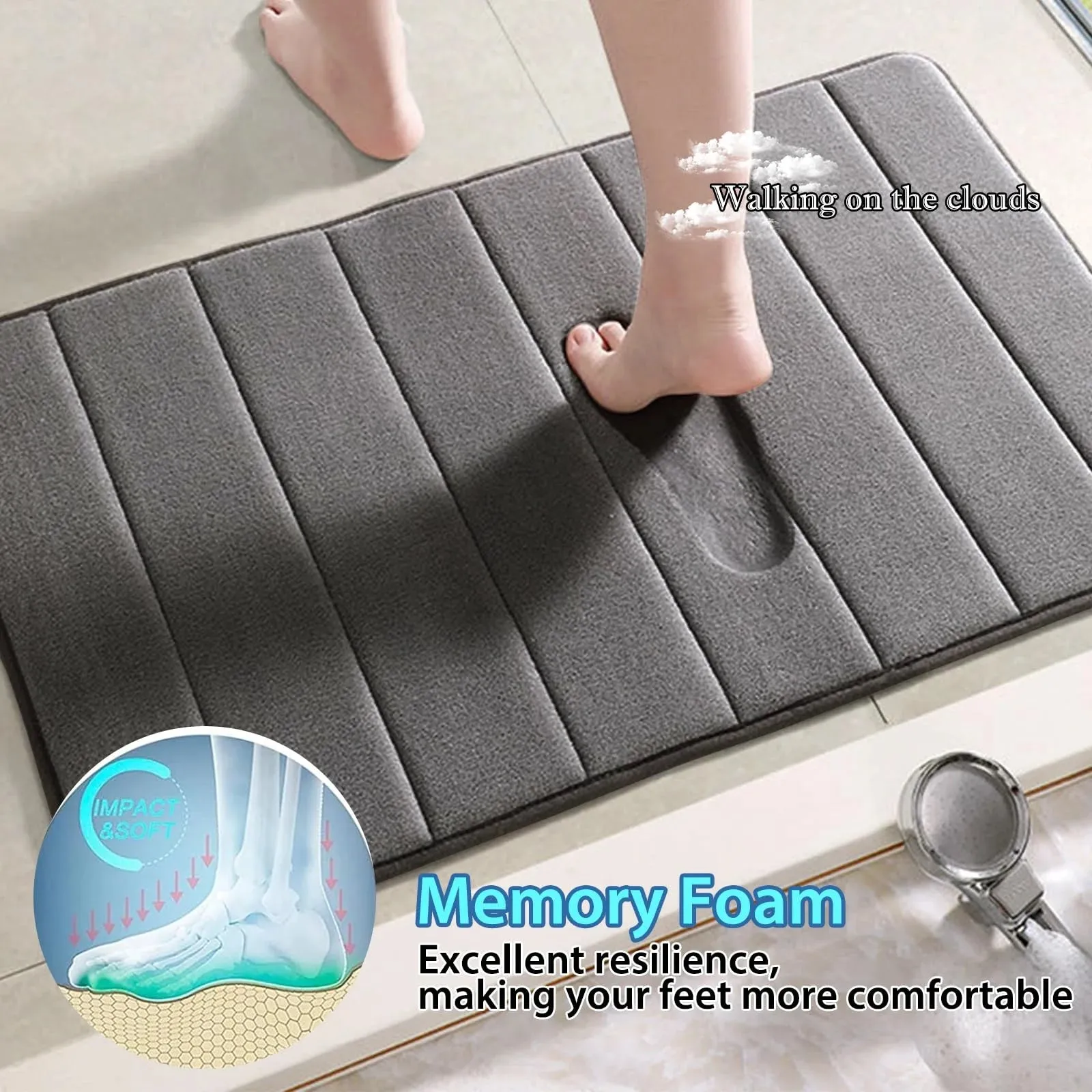 Bathroom Mat Set 3 Pcs Memory Foam Absorbent & Non-Slip Dark Gray 44.1 "X24"  31.5 "X19.8"
