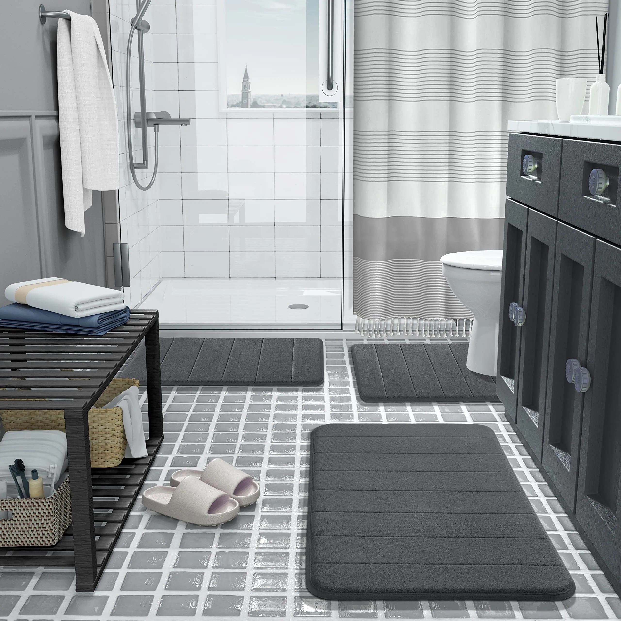 Bathroom Mat Set 3 Pcs Memory Foam Absorbent & Non-Slip Dark Gray 44.1 "X24"  31.5 "X19.8"