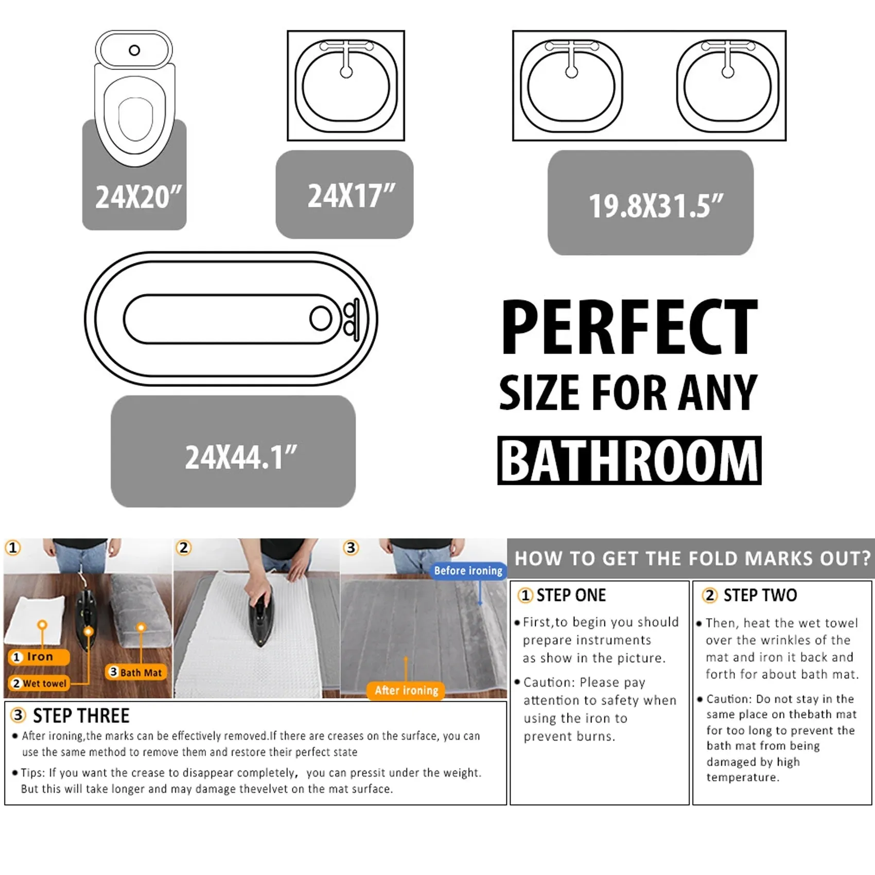 Bathroom Mat Set 3 Pcs Memory Foam Absorbent & Non-Slip Dark Gray 44.1 "X24"  31.5 "X19.8"