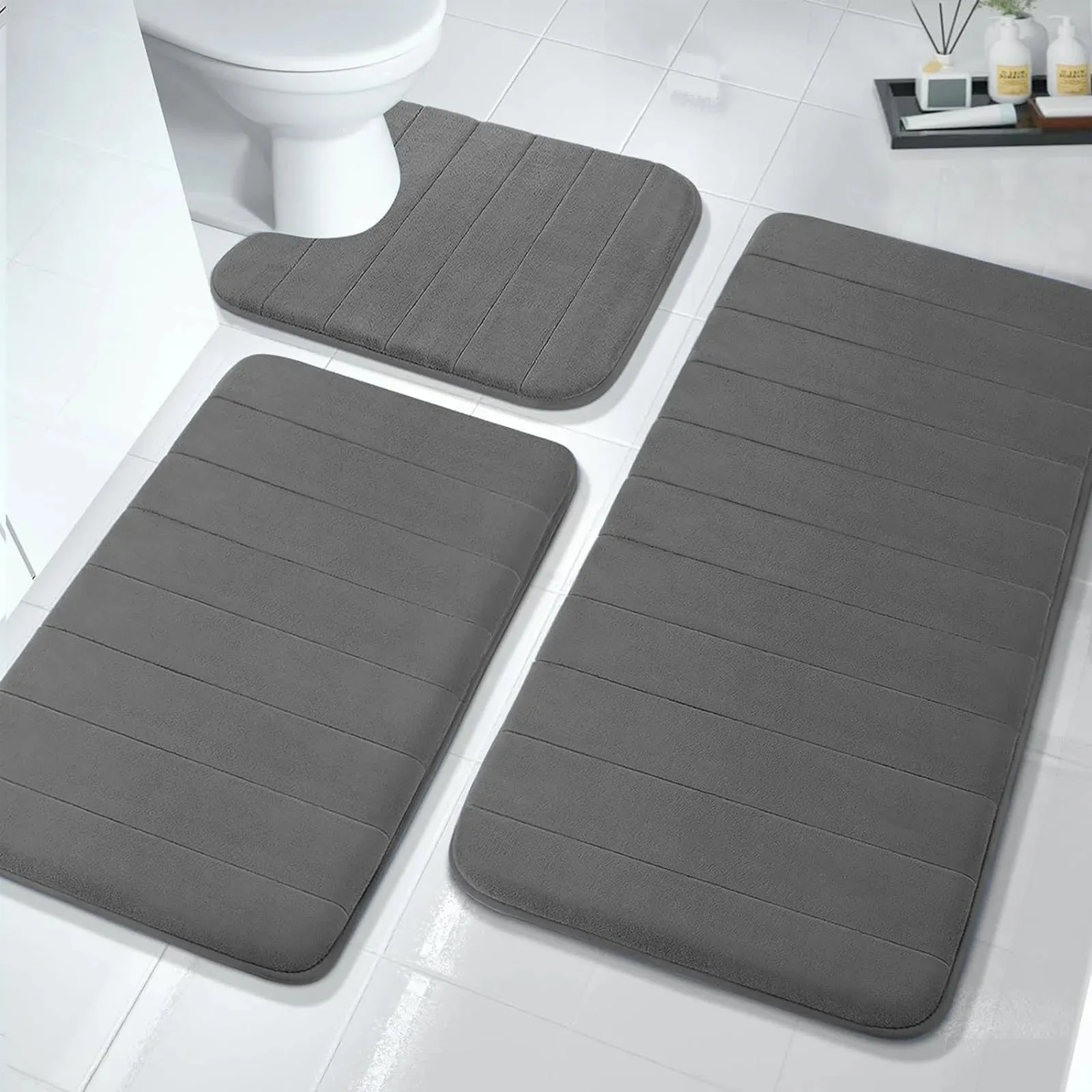 Bathroom Mat Set 3 Pcs Memory Foam Absorbent & Non-Slip Dark Gray 44.1 "X24"  31.5 "X19.8"