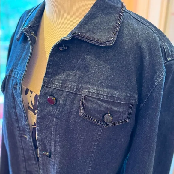 Beaded denim jacket Jones New York Signature Jean blazer black sequin holiday XL