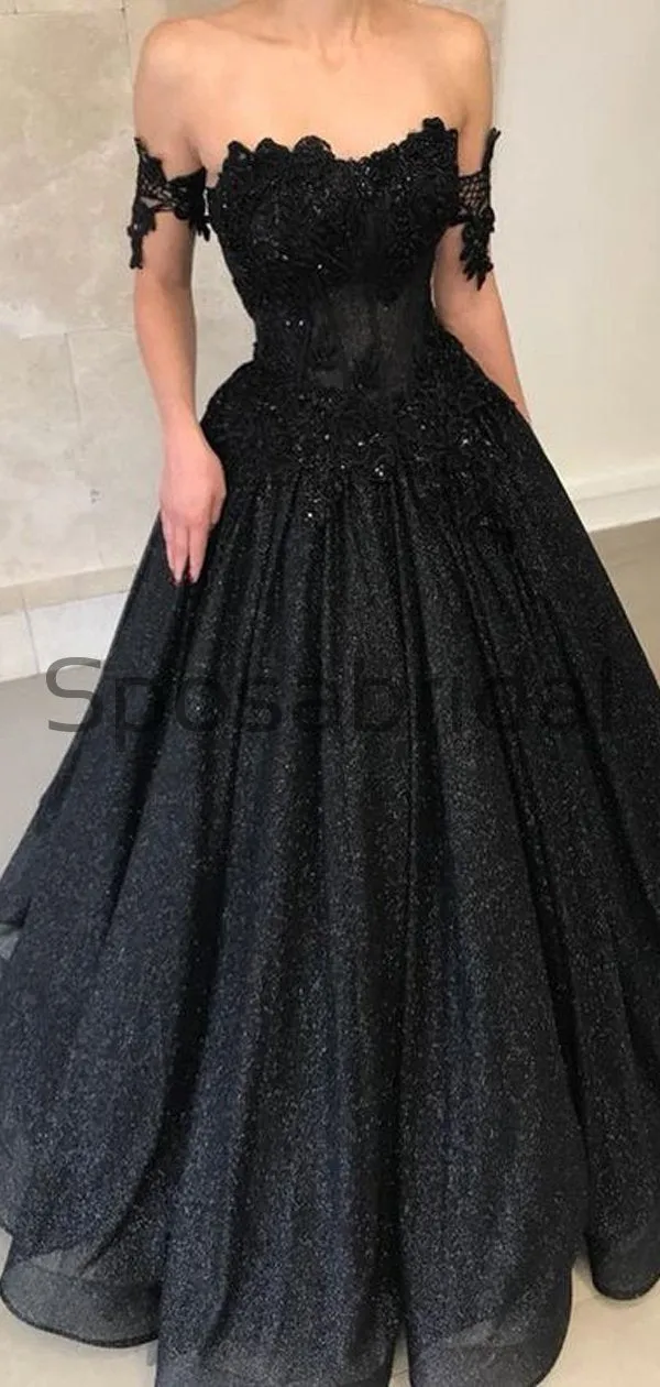 Black Off the Shoulder A-line Sparkly Sequin Elegant Modest Prom Dresses, Ball Gwon, Prom Dress PD1825
