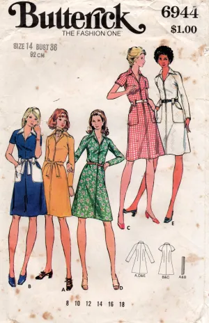 Butterick 6944 Womens Raglan Sleeved Zip Front Shirtdress 1970s Vintage Sewing Pattern Size 14 Bust 36 inches