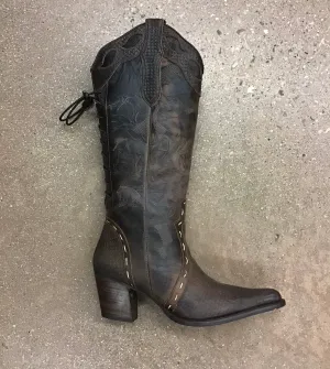 CL3159-6.5-7-Coffee NORTH ROCK Tall Dress Boot- Pointed Toe Lace Back