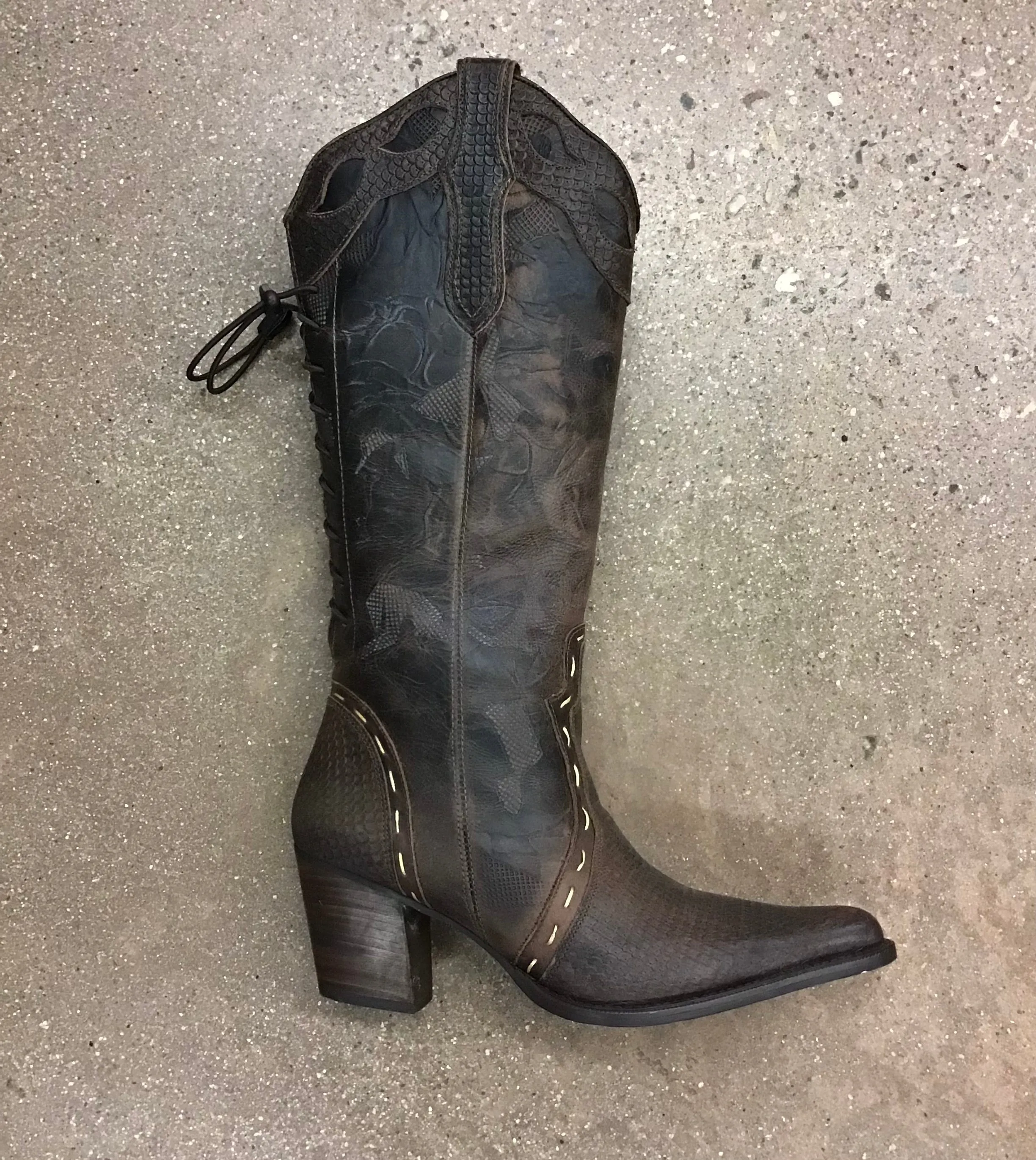 CL3159-6.5-7-Coffee NORTH ROCK Tall Dress Boot- Pointed Toe Lace Back