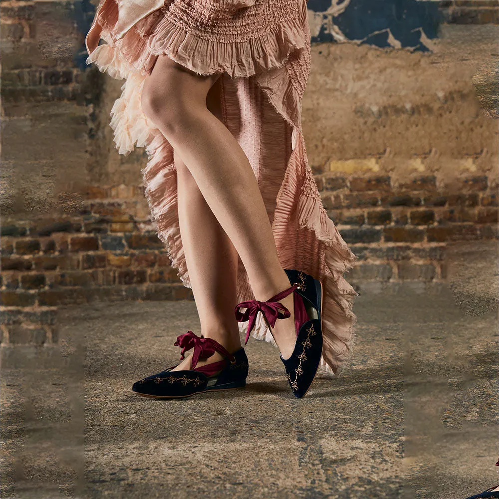 Clotilde Velvet Embroidered Flats with Silk Bow and Straps