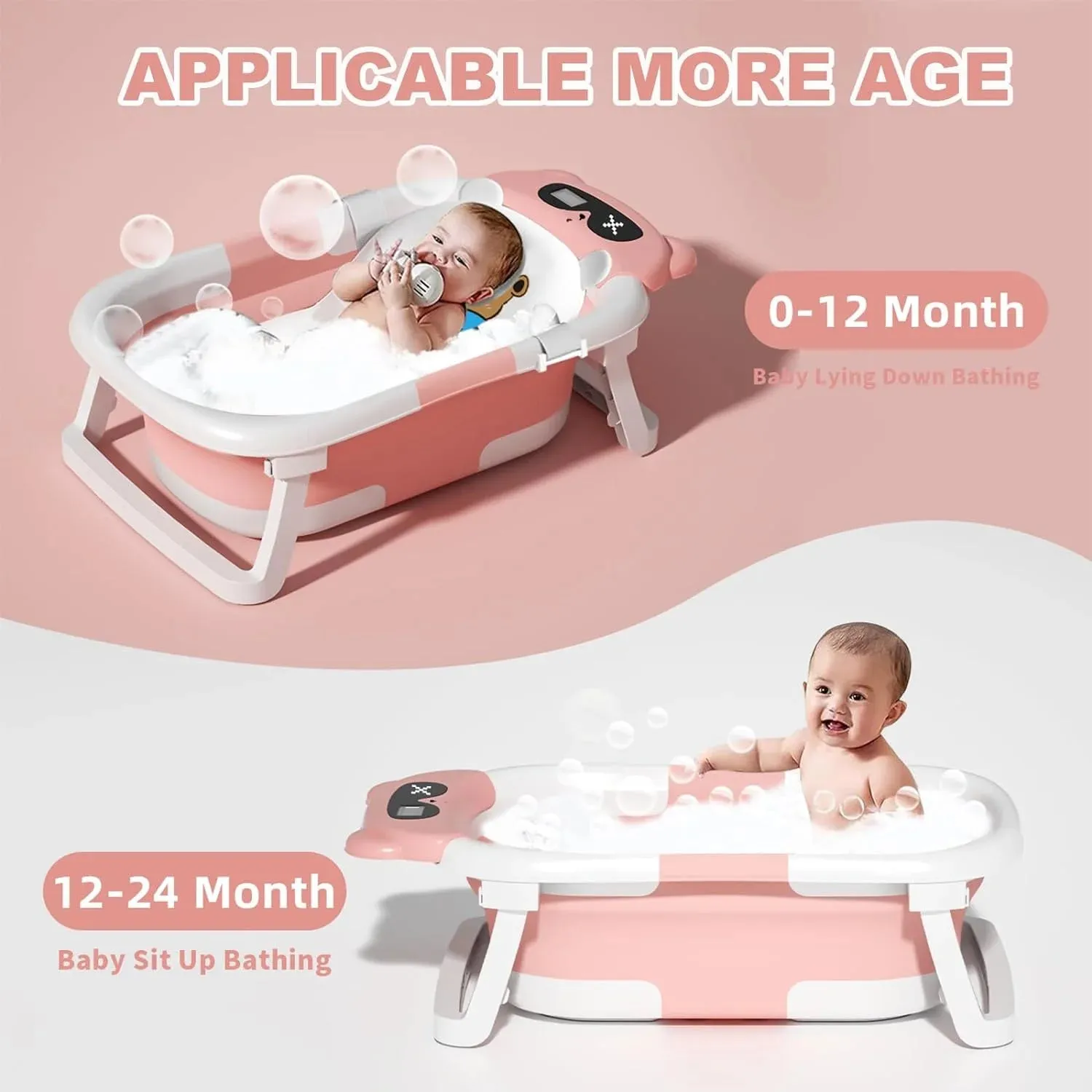 Collapsible Baby Bathtub with Thermometer, Newborn Shower Tub with Baby Tub Cushion & Bath Cap, Portable Baby Folding Bathtub for 0-36 Month Newborn, Pink