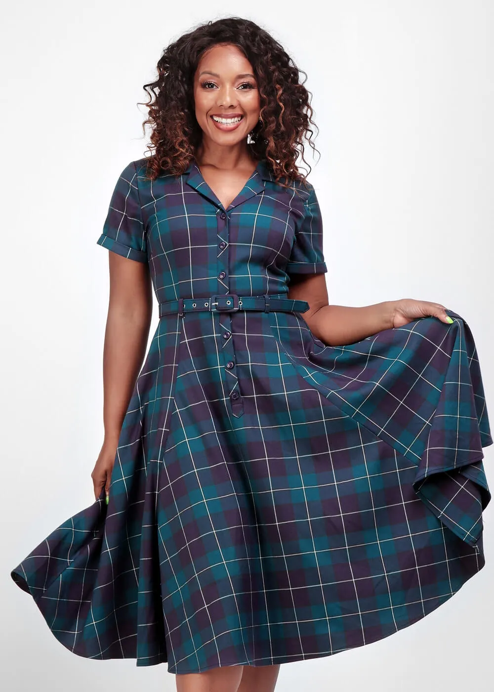 Collectif Caterina Mermaid Check 50's Swing Dress Teal