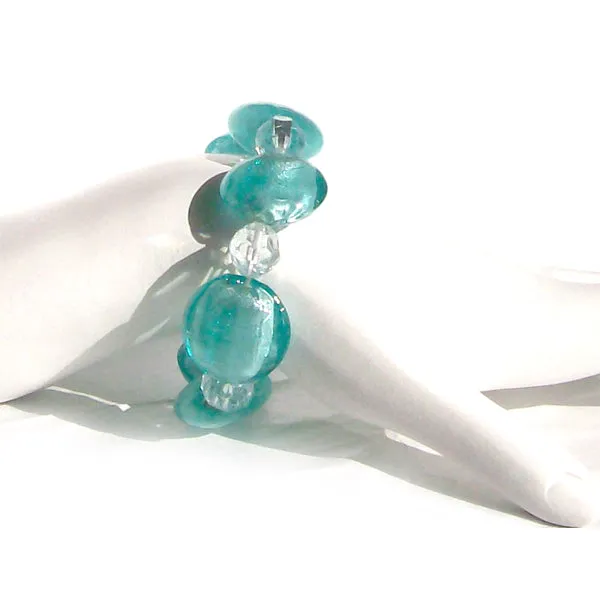 Costume bracelet elastic Aqua lampwork glass & clear crystal beads stretch