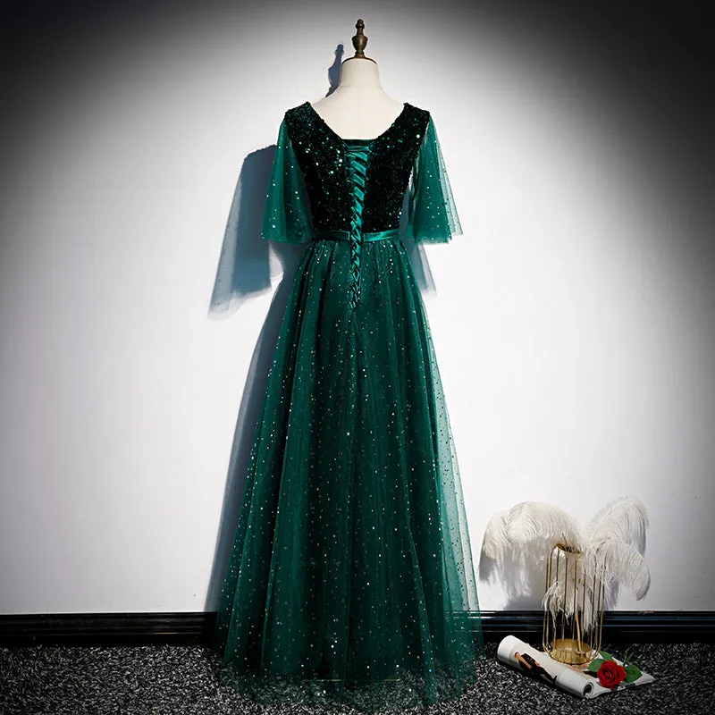 Dark Green V-neckline Shiny Tulle and Sequins Long Formal Dress, Green Bridesmaid Dresses