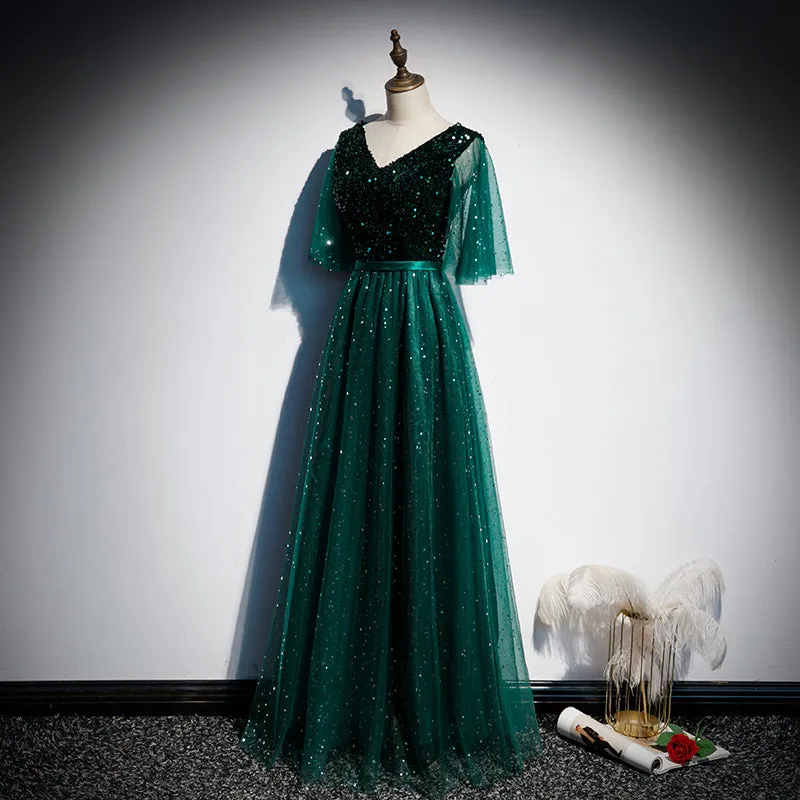 Dark Green V-neckline Shiny Tulle and Sequins Long Formal Dress, Green Bridesmaid Dresses