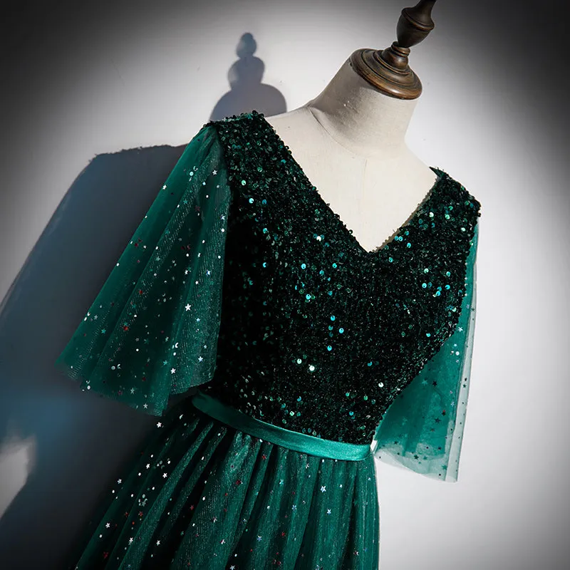 Dark Green V-neckline Shiny Tulle and Sequins Long Formal Dress, Green Bridesmaid Dresses