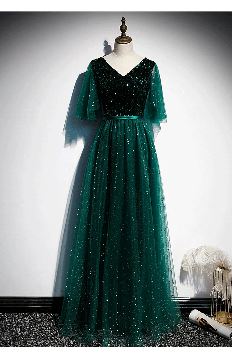 Dark Green V-neckline Shiny Tulle and Sequins Long Formal Dress, Green Bridesmaid Dresses