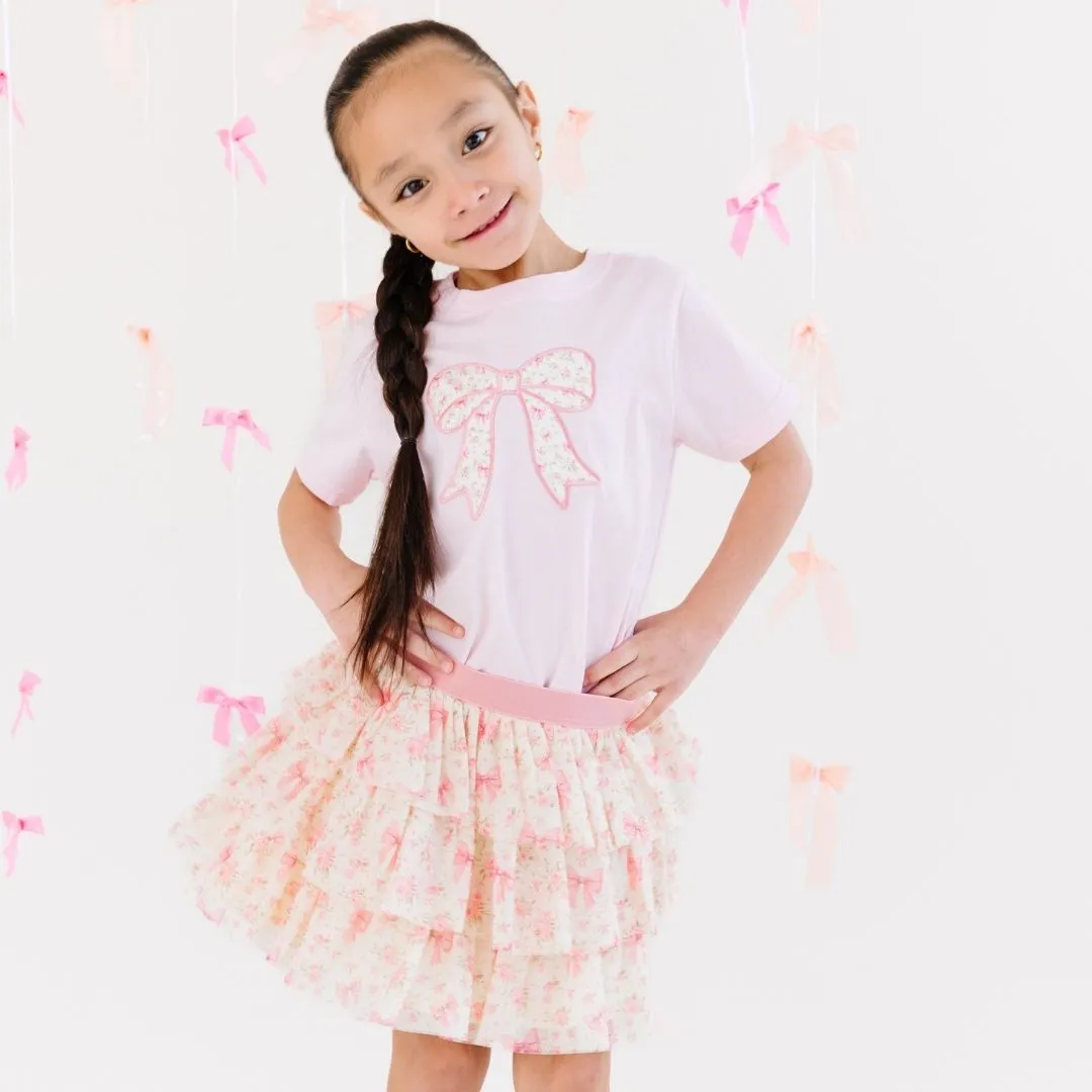 Ditsy Floral Bow Patch Short Sleeve T-Shirt - Ballet