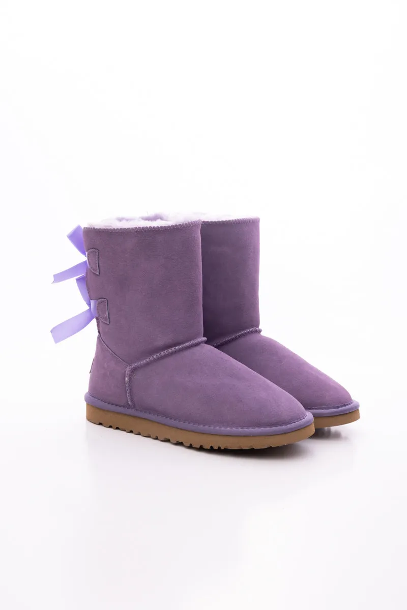 Double Ballet Ribbon Bow Suede Shearling Boots - Lavender