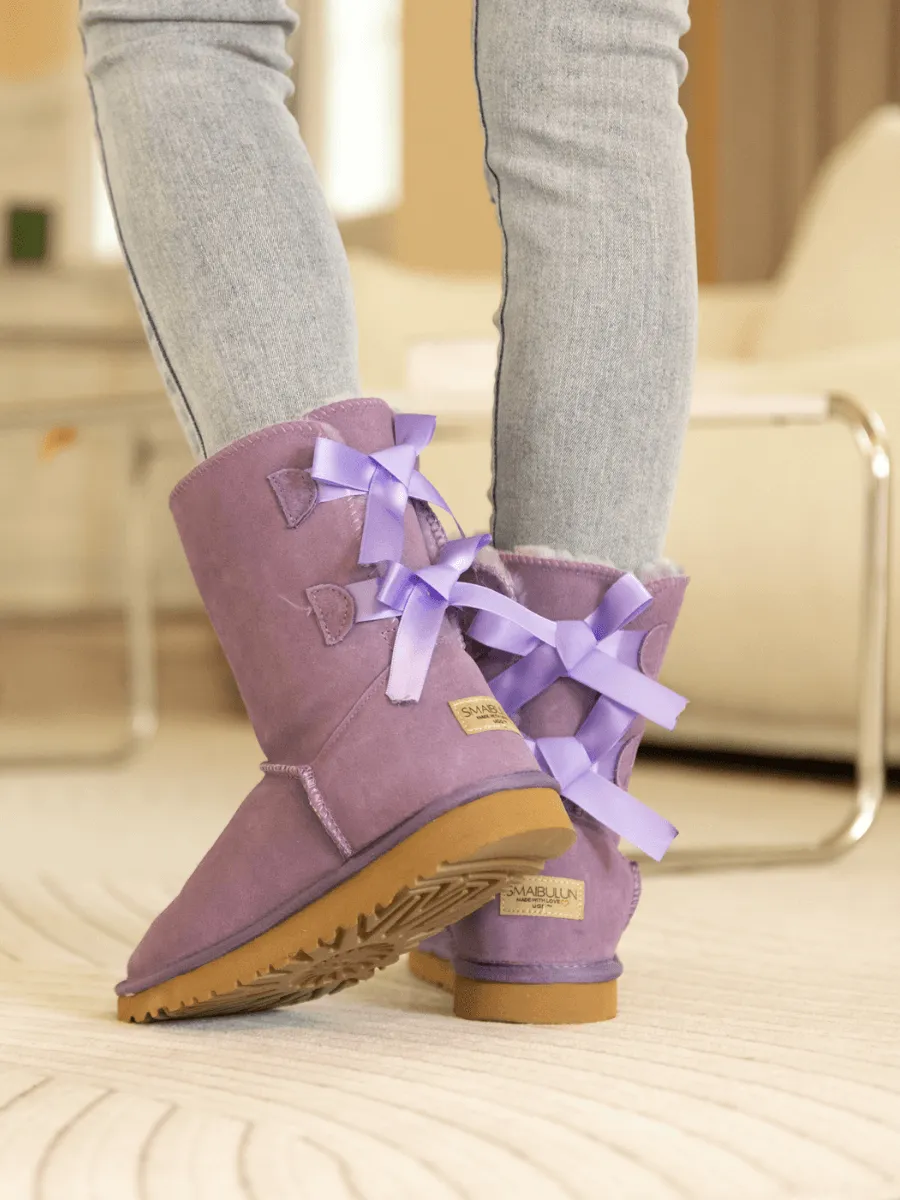 Double Ballet Ribbon Bow Suede Shearling Boots - Lavender