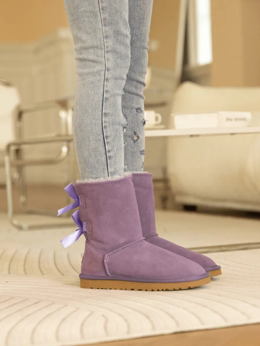 Double Ballet Ribbon Bow Suede Shearling Boots - Lavender