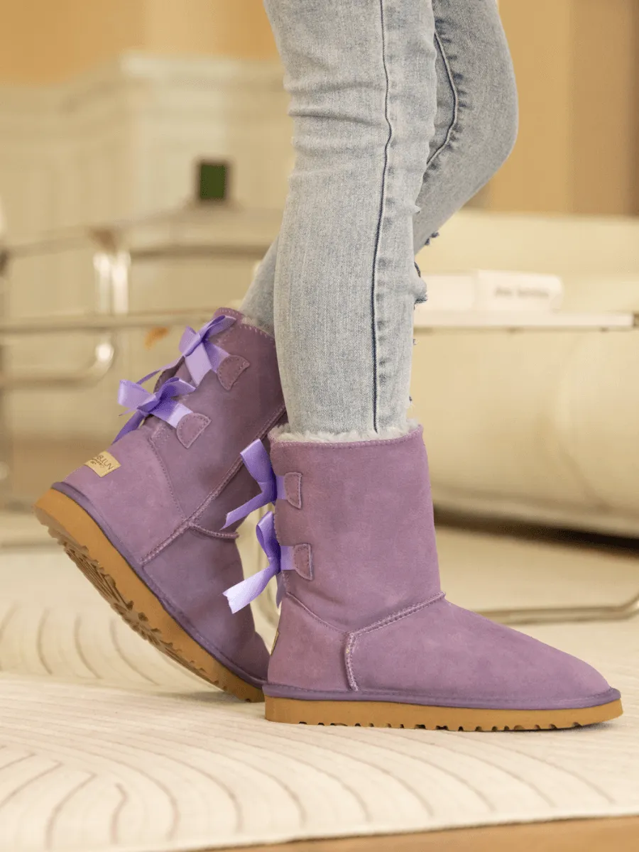 Double Ballet Ribbon Bow Suede Shearling Boots - Lavender