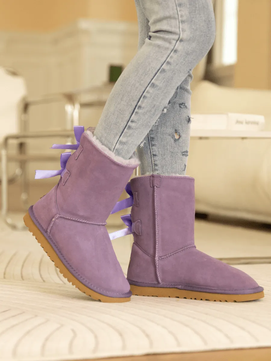 Double Ballet Ribbon Bow Suede Shearling Boots - Lavender