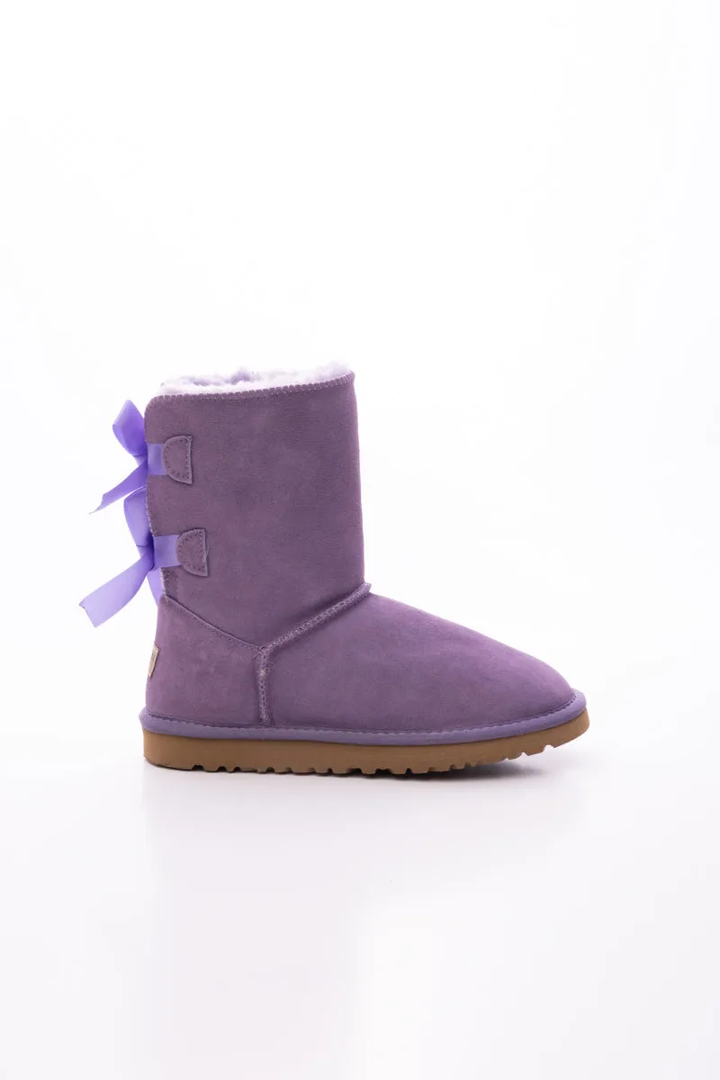 Double Ballet Ribbon Bow Suede Shearling Boots - Lavender