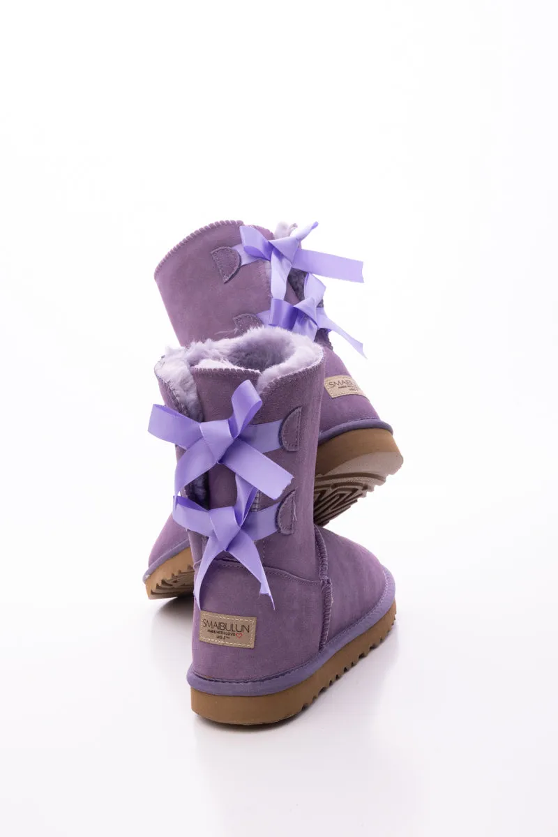 Double Ballet Ribbon Bow Suede Shearling Boots - Lavender