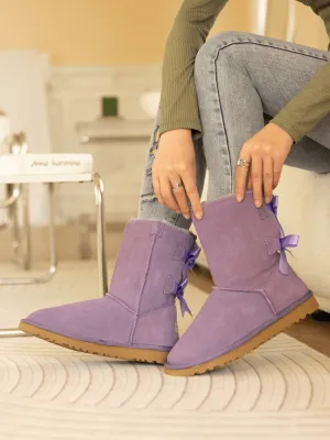 Double Ballet Ribbon Bow Suede Shearling Boots - Lavender