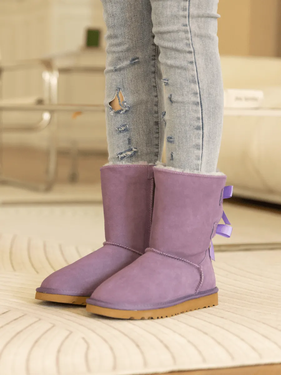 Double Ballet Ribbon Bow Suede Shearling Boots - Lavender