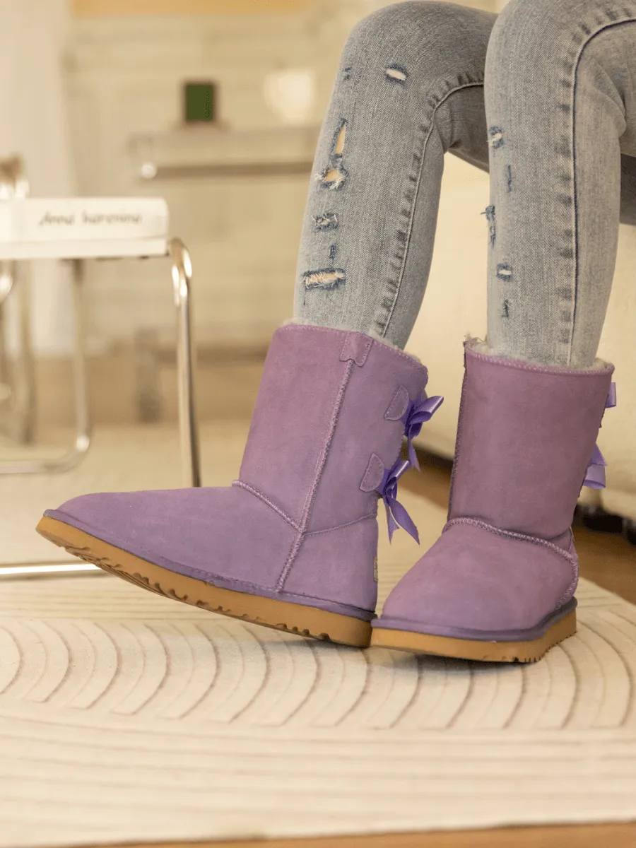 Double Ballet Ribbon Bow Suede Shearling Boots - Lavender