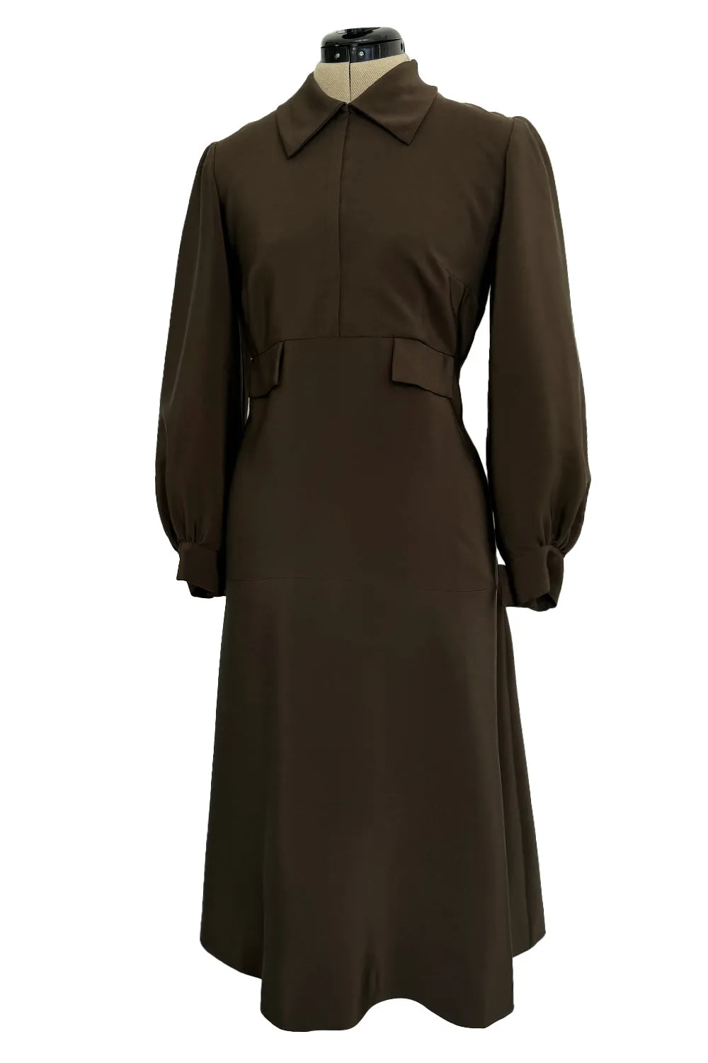 Elegant 1970s Madame Gres Haute Couture Chocolate Brown Day Dress w Full Sleeves & Collar