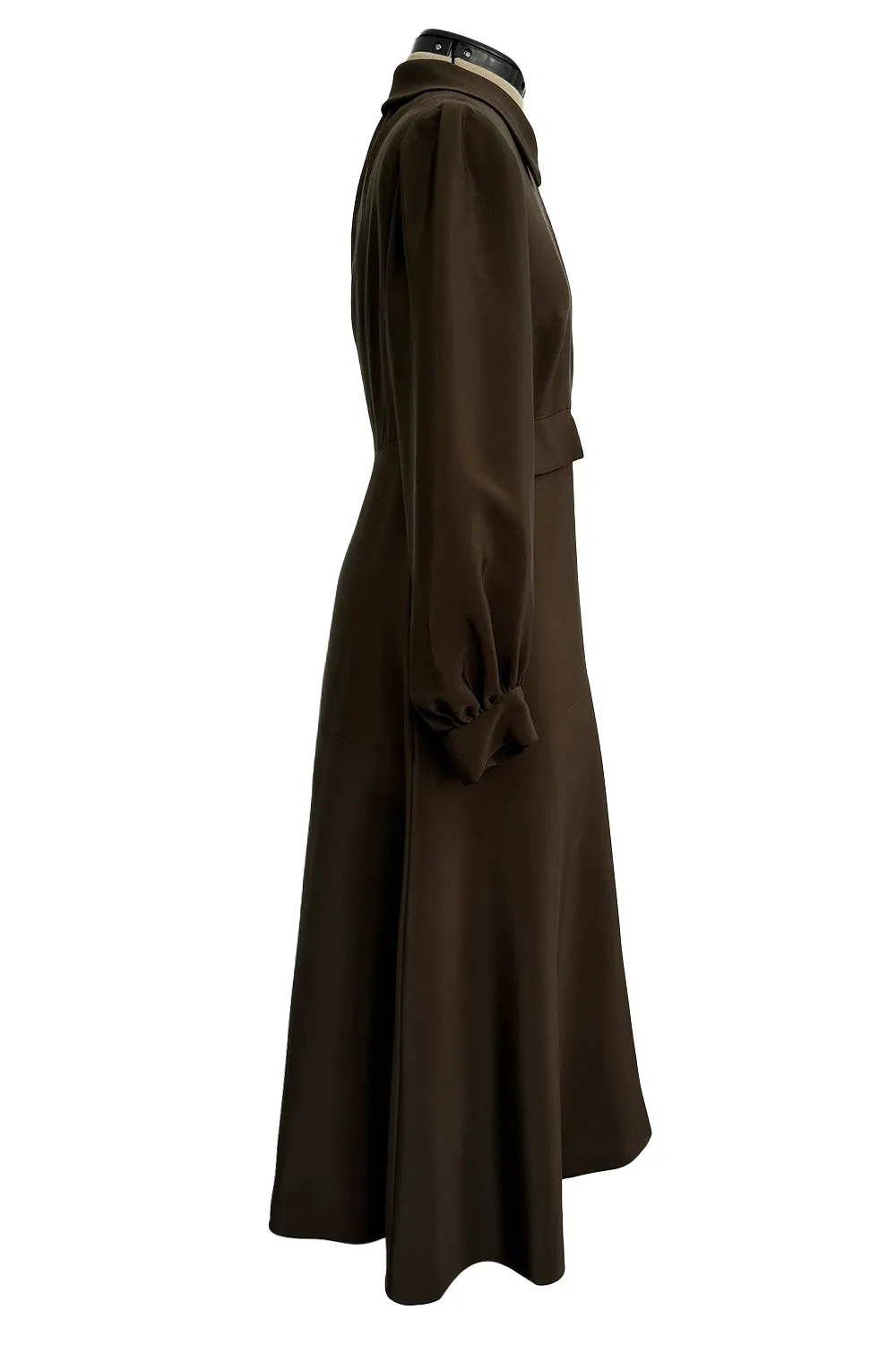 Elegant 1970s Madame Gres Haute Couture Chocolate Brown Day Dress w Full Sleeves & Collar