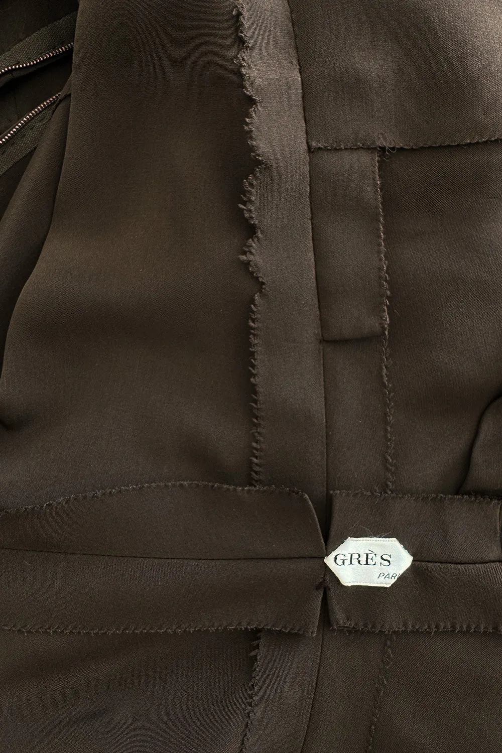 Elegant 1970s Madame Gres Haute Couture Chocolate Brown Day Dress w Full Sleeves & Collar