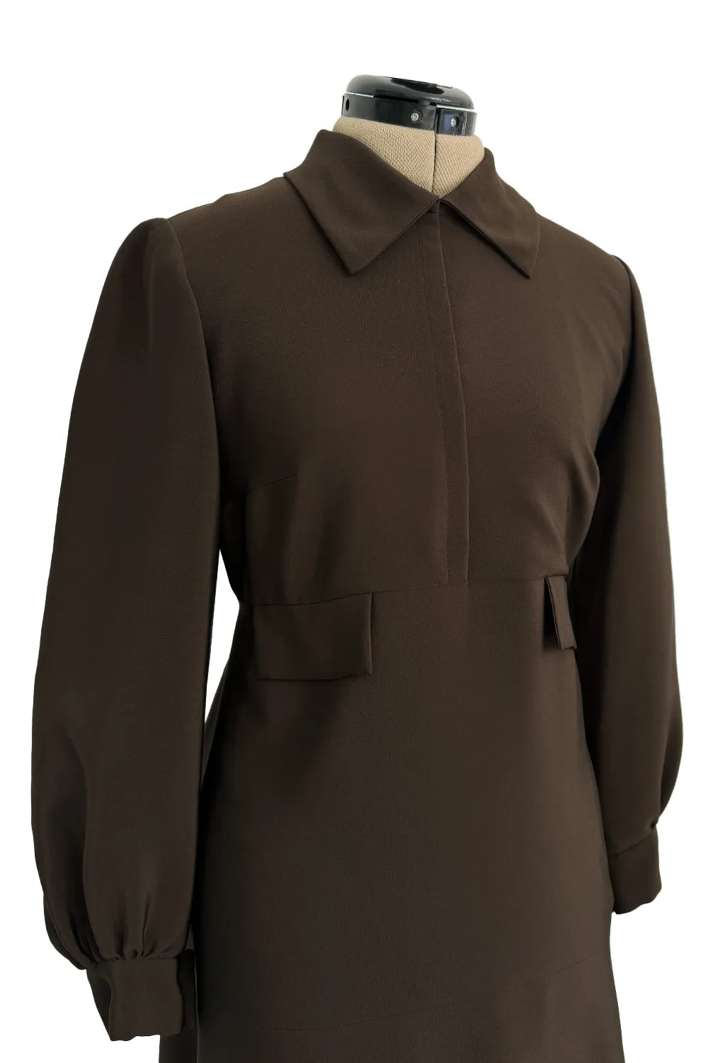 Elegant 1970s Madame Gres Haute Couture Chocolate Brown Day Dress w Full Sleeves & Collar