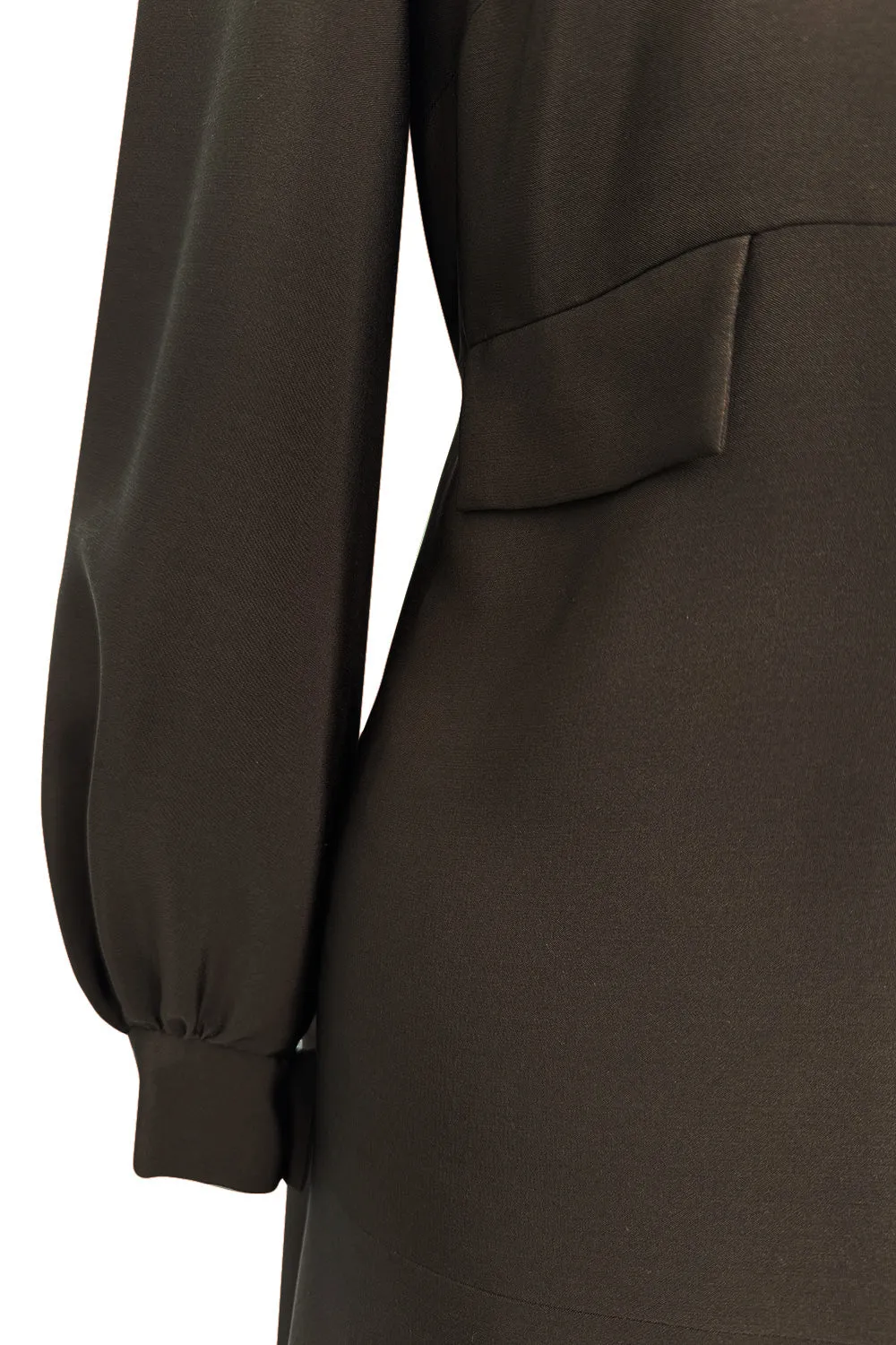 Elegant 1970s Madame Gres Haute Couture Chocolate Brown Day Dress w Full Sleeves & Collar