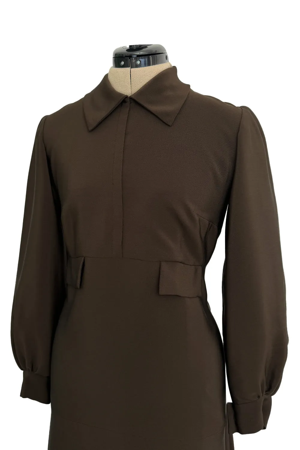 Elegant 1970s Madame Gres Haute Couture Chocolate Brown Day Dress w Full Sleeves & Collar