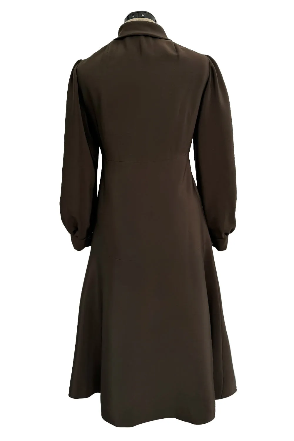 Elegant 1970s Madame Gres Haute Couture Chocolate Brown Day Dress w Full Sleeves & Collar