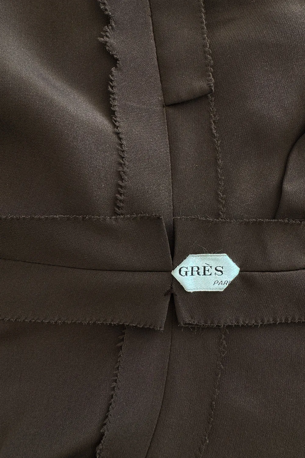 Elegant 1970s Madame Gres Haute Couture Chocolate Brown Day Dress w Full Sleeves & Collar