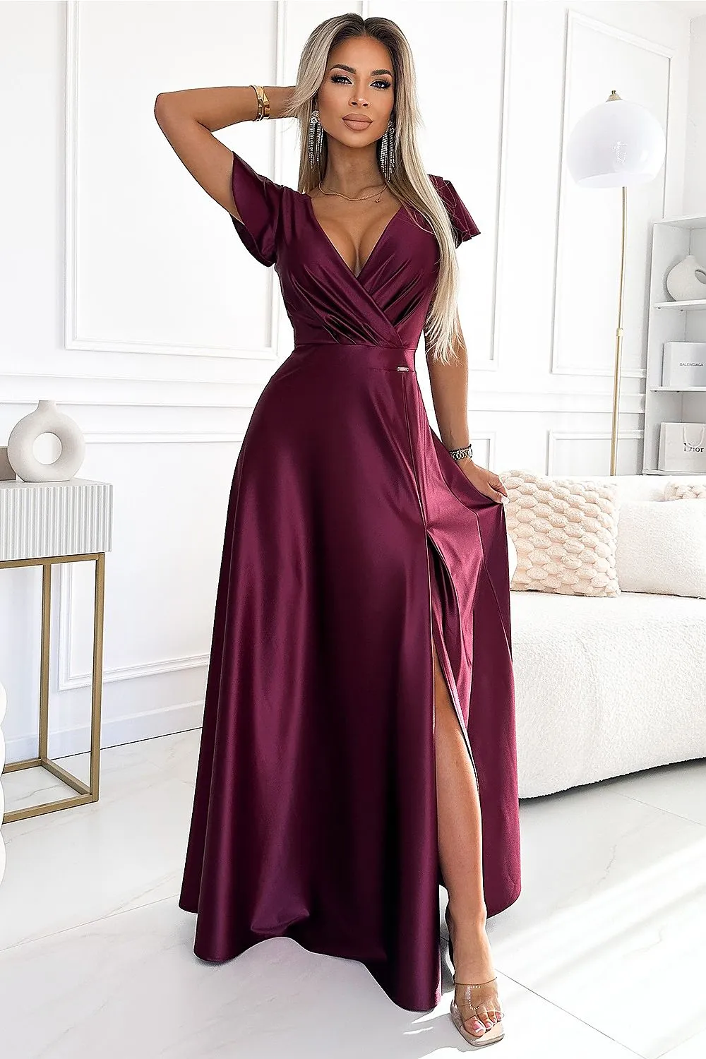 Elegant brocade shiny maxi slit evening dress