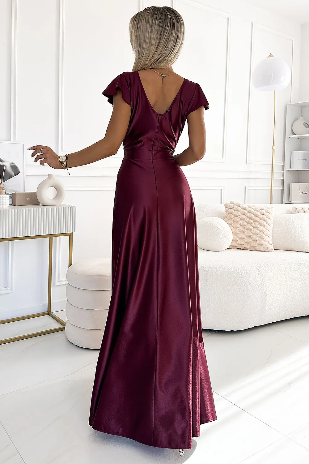 Elegant brocade shiny maxi slit evening dress