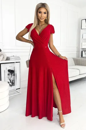 Elegant brocade shiny maxi slit evening dress