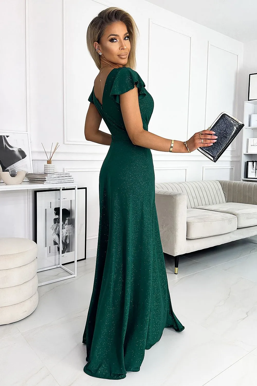 Elegant brocade shiny maxi slit evening dress