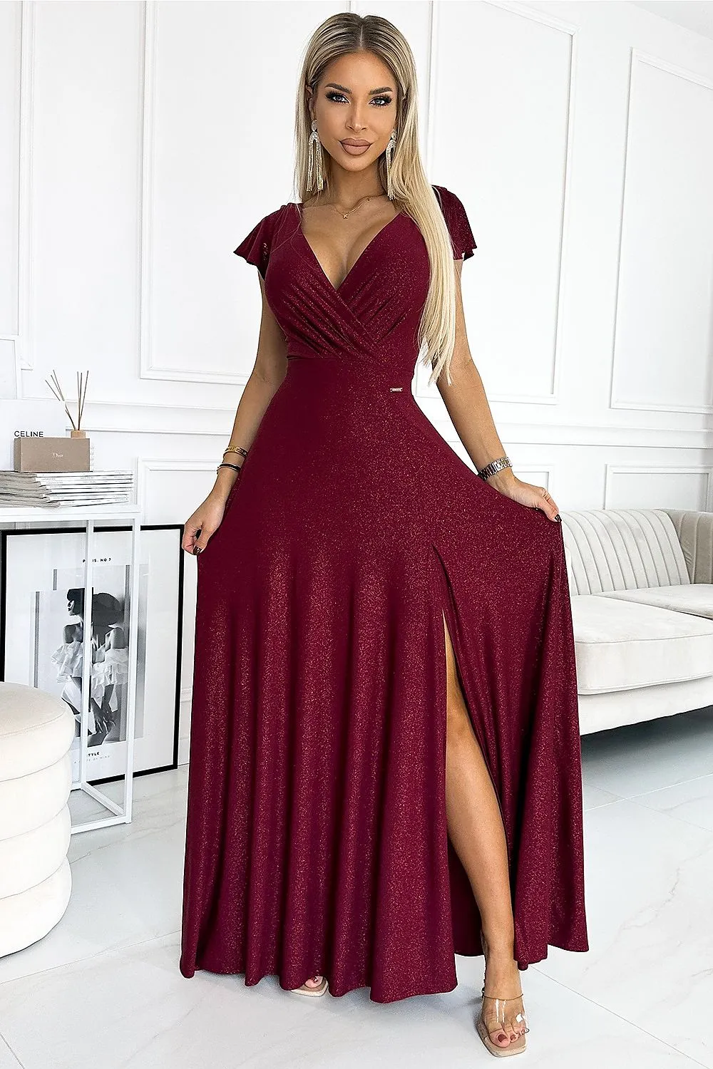 Elegant brocade shiny maxi slit evening dress