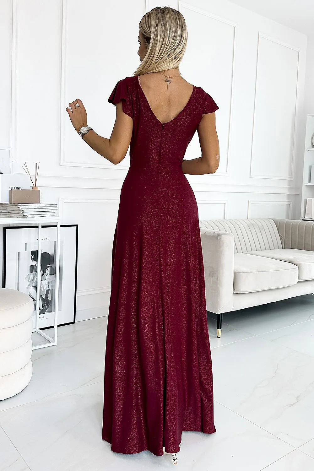 Elegant brocade shiny maxi slit evening dress