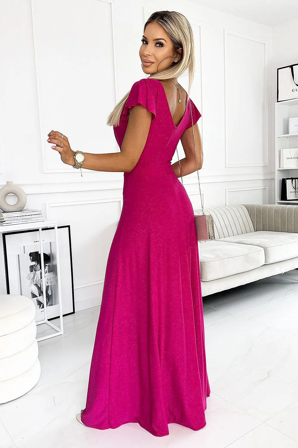 Elegant brocade shiny maxi slit evening dress
