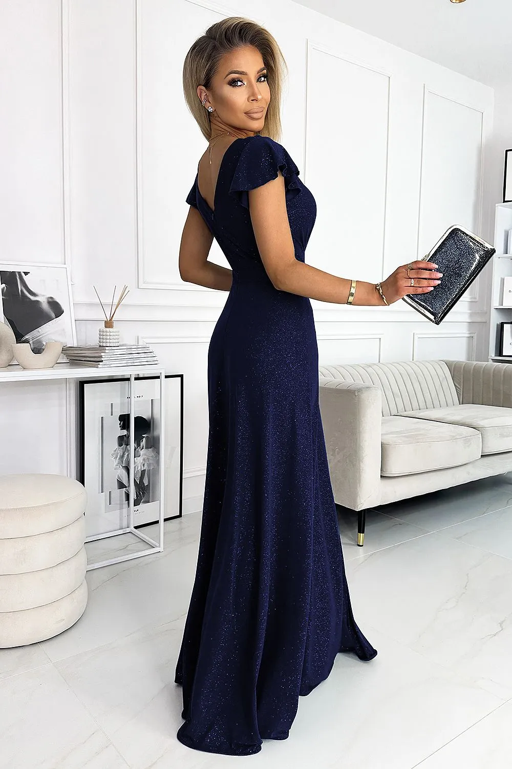 Elegant brocade shiny maxi slit evening dress