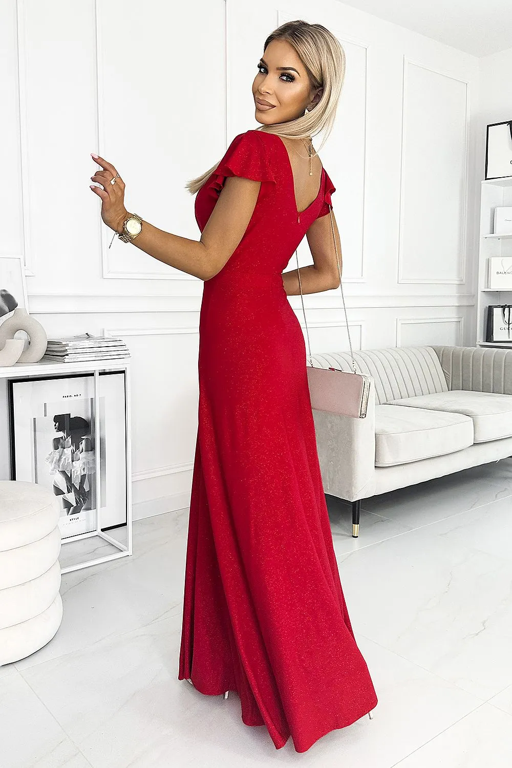 Elegant brocade shiny maxi slit evening dress