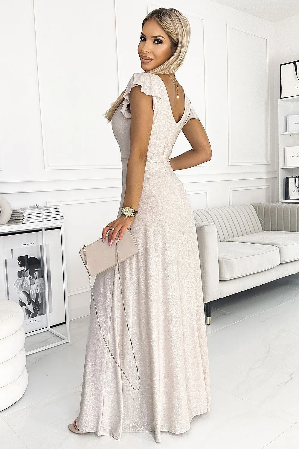 Elegant brocade shiny maxi slit evening dress
