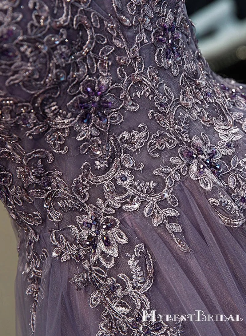 Elegant Spaghetti Strap Sleeveless Purple Tulle Top Lace Appliqued A-line Long Cheap Prom Dresses, PDS0035